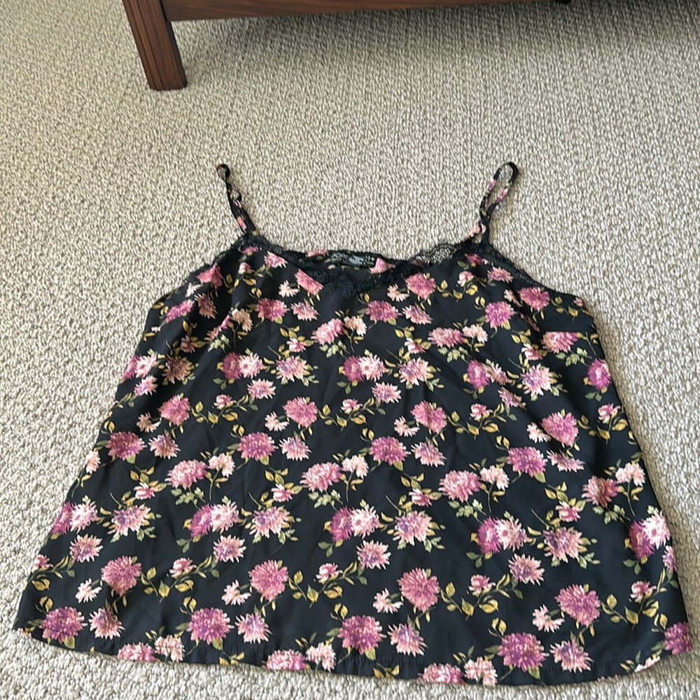 Black and pink floral tank with lace trim at neckline